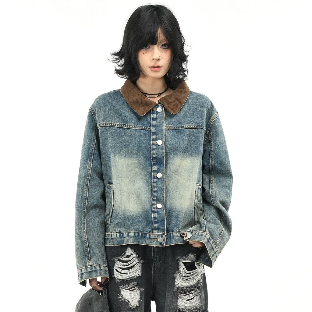 OV original American retro patchwork washed denim jacket for women in autumn, stylish and straight shoulder short loose jacket