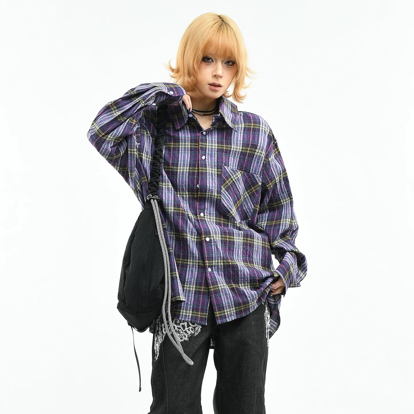 OV original American light wrinkled texture relaxed silhouette long sleeved shirt for women in spring, loose retro checkered shirt for men