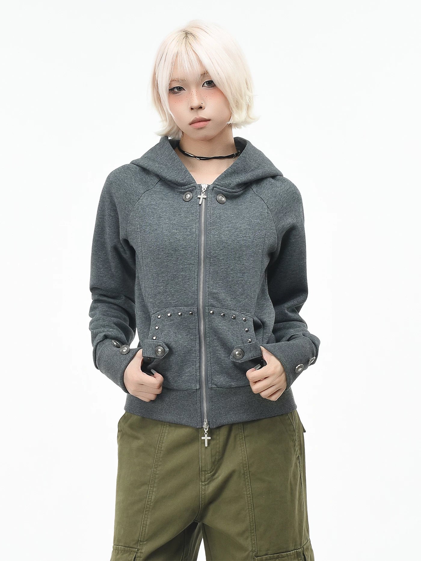 OV原创美式复古铆钉解构连帽卫衣女秋季修身显瘦短款拉链开衫外套