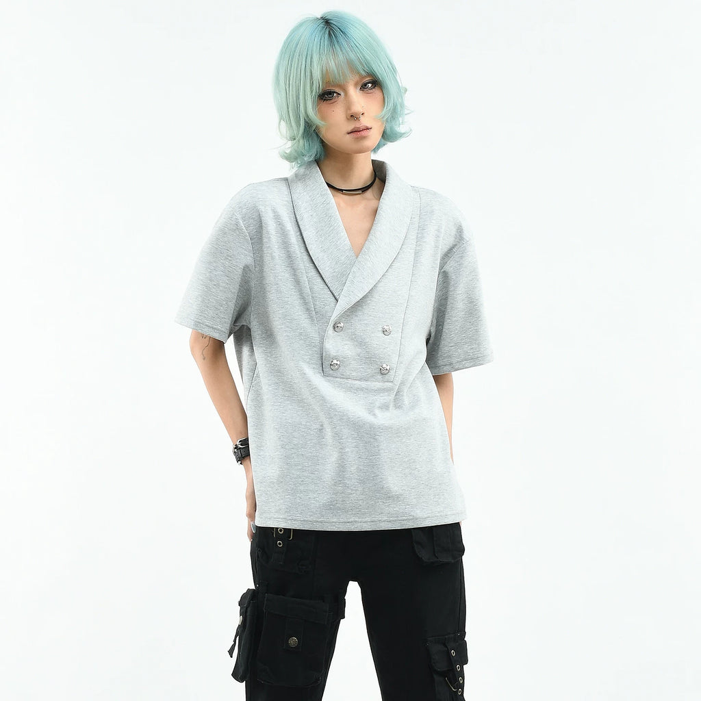 OV Original/Double breasted suit collar, shoulder pads, lapel collar, short sleeved women's summer loose and luxurious feeling, old money style T-shirt, men's trend