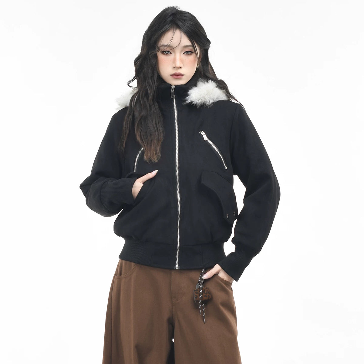 OV original American retro fur collar design with thick fleece hooded jacket for women's winter short, slim and warm cotton jacket