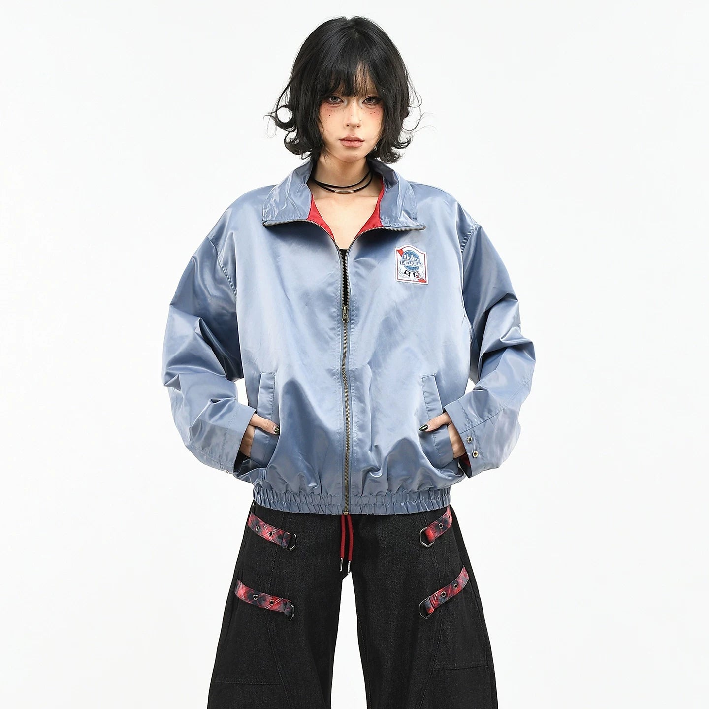 OV original American high-end nylon glossy embroidered stand up collar jacket for women's spring loose short flight jacket for men