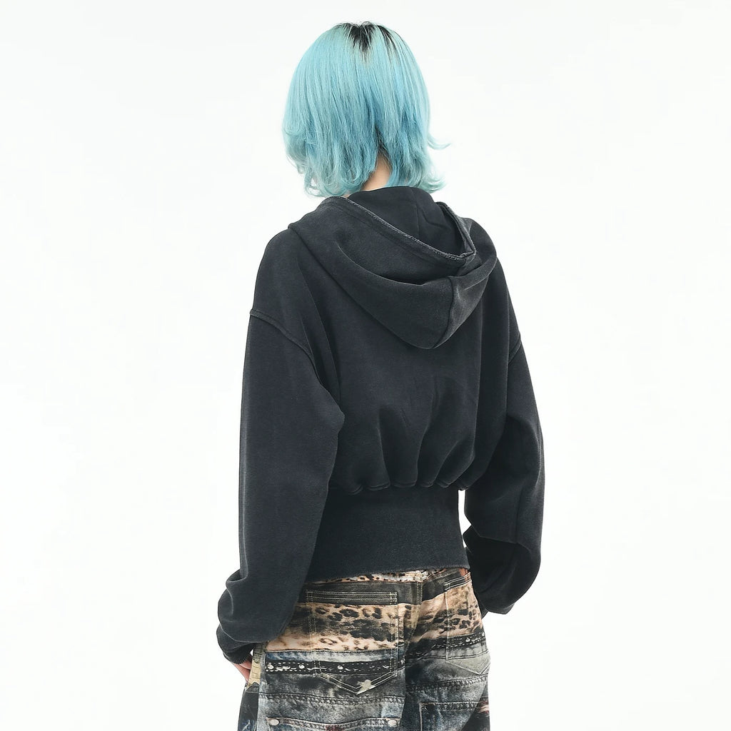 OV original American retro widened thread waist cinched hooded sweatshirt for women in autumn, loose short style, vintage cardigan jacket