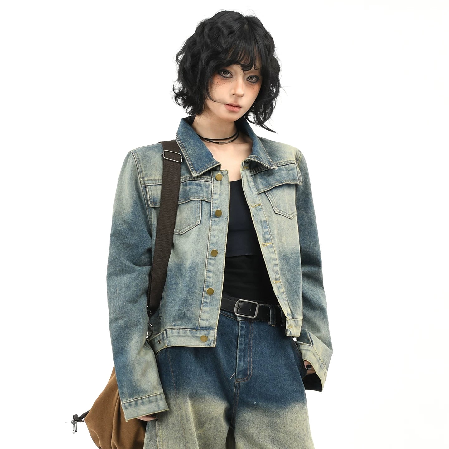 OV original American retro washed vintage denim jacket women's autumn street short shoulder casual jacket top