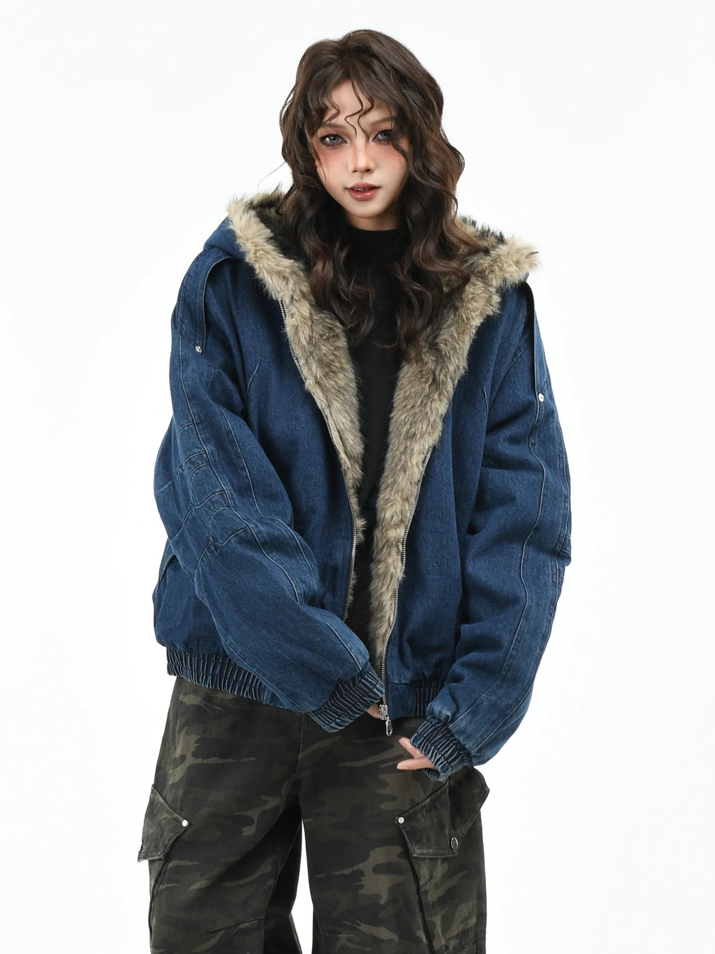 OV original American retro silhouette washed denim cotton jacket for women, winter seat mountain carving thick hooded cotton jacket for men