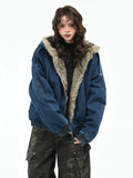OV original American retro silhouette washed denim cotton jacket for women, winter seat mountain carving thick hooded cotton jacket for men