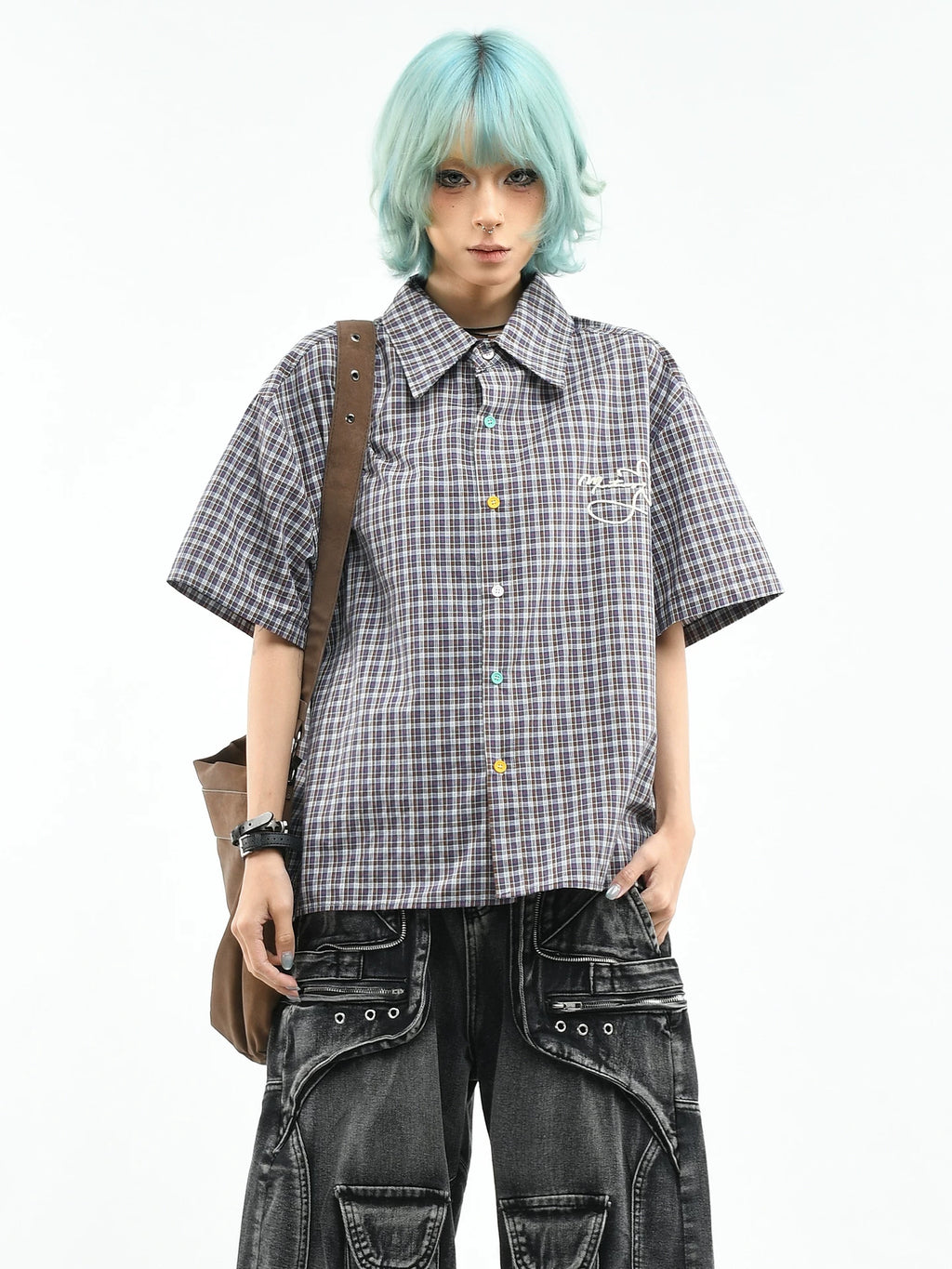 OV original summer new style American retro checkered short sleeved shirt for women, loose college style color button top for men