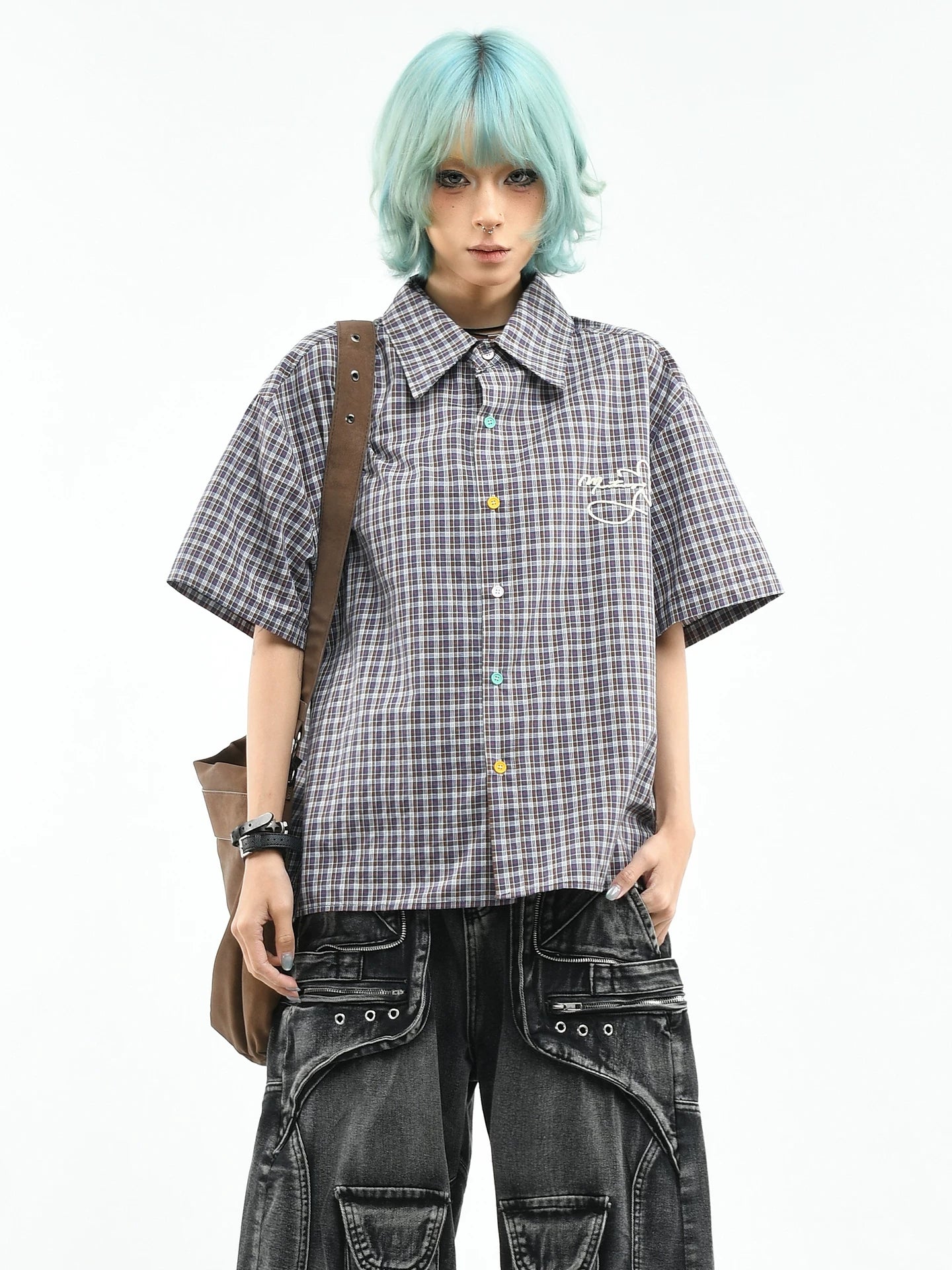 OV original summer new style American retro checkered short sleeved shirt for women, loose college style color button top for men