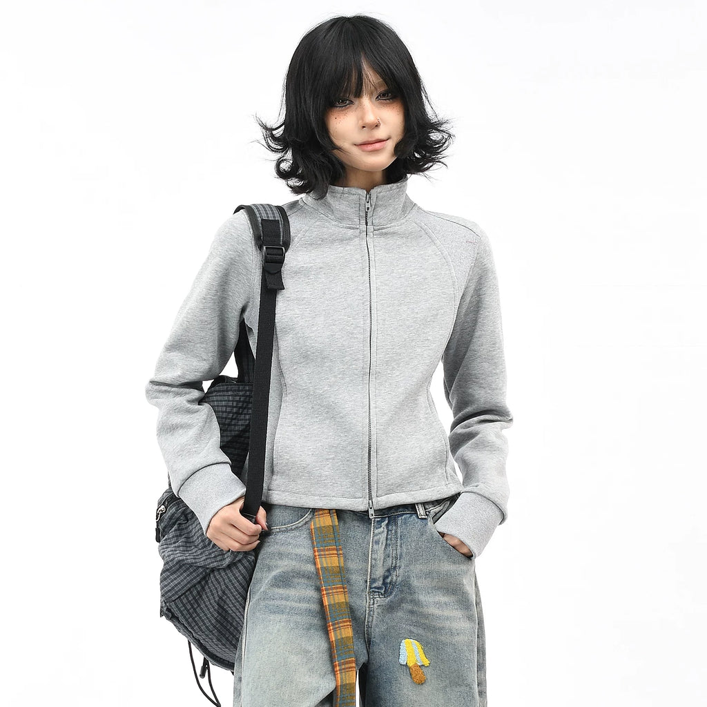 OV original American style short stand up collar shoulder sweatshirt for women's autumn street slimming and slimming effect, cardigan zipper long sleeved jacket