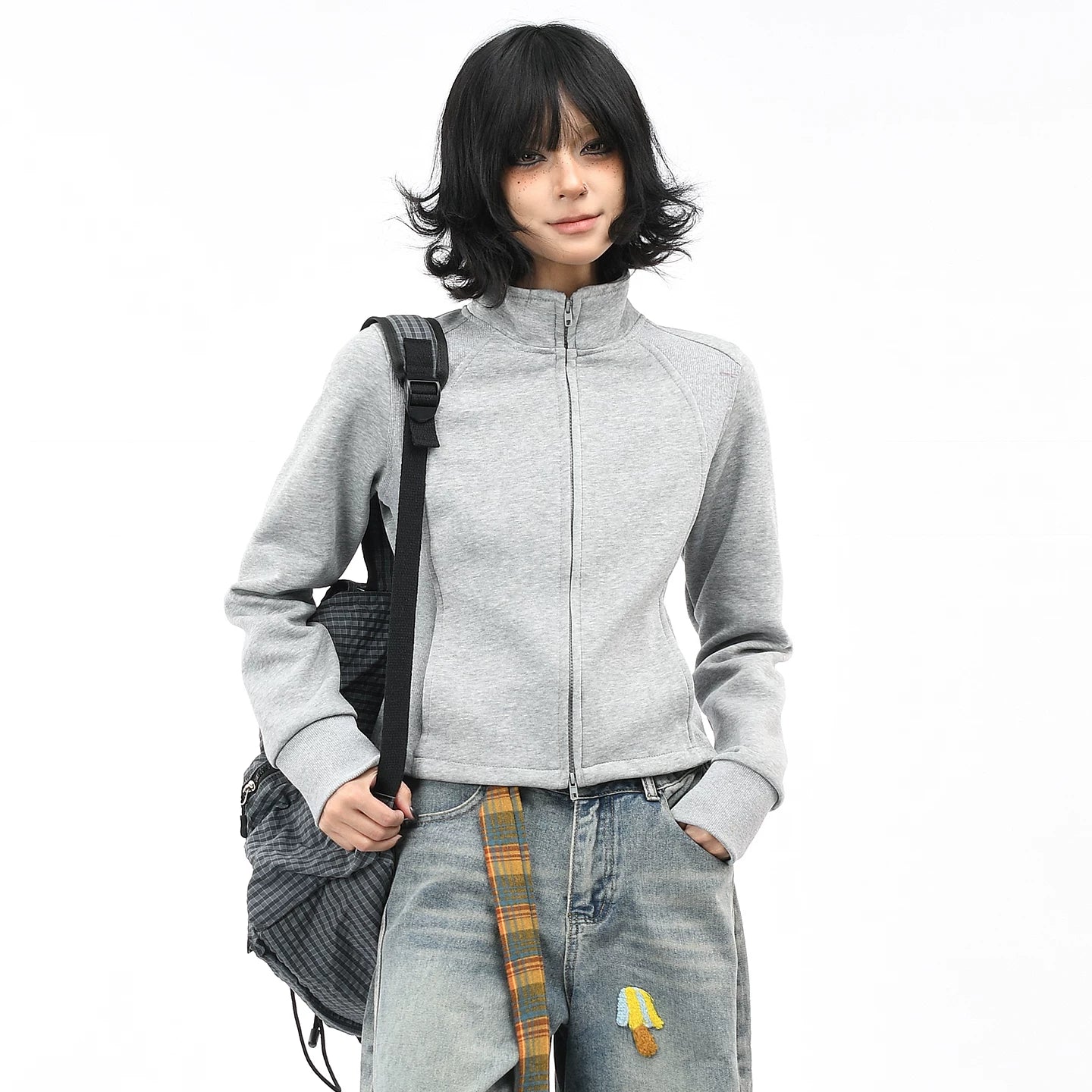 OV original American style short stand up collar shoulder sweatshirt for women's autumn street slimming and slimming effect, cardigan zipper long sleeved jacket