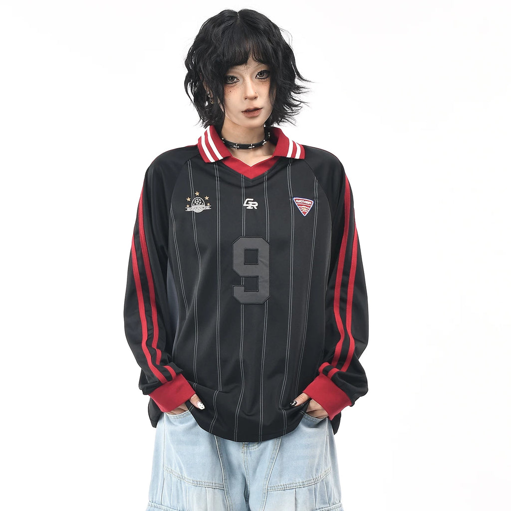 OV original American retro patchwork striped long sleeved T-shirt for men and women in autumn, loose contrasting color, digital embroidery V-neck jersey