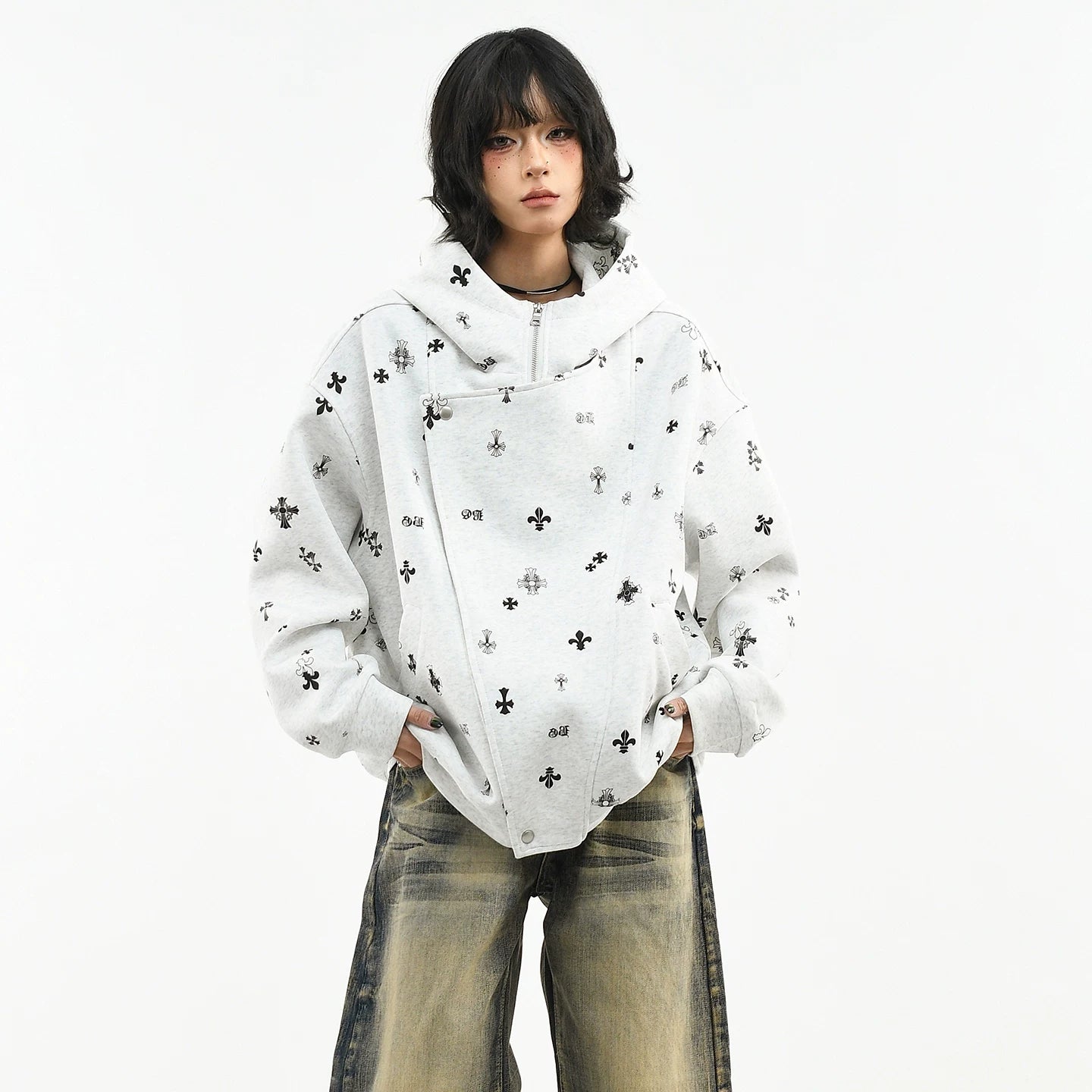OV original American Gothic style cross full print hooded sweatshirt for women's spring loose zipper cardigan jacket for men's fashion