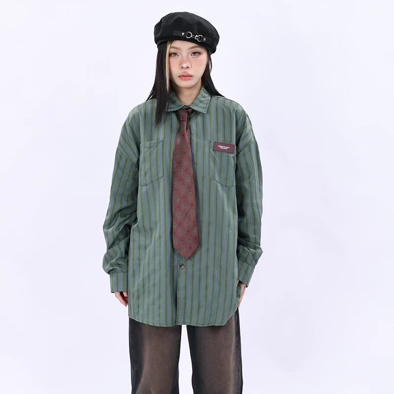 OV Original Spring and Autumn High Street Retro Vertical Stripe Long Sleeve Shirt for Men and Women BF Loose Couple Hong Kong Style Flip Collar Shirt Trendy