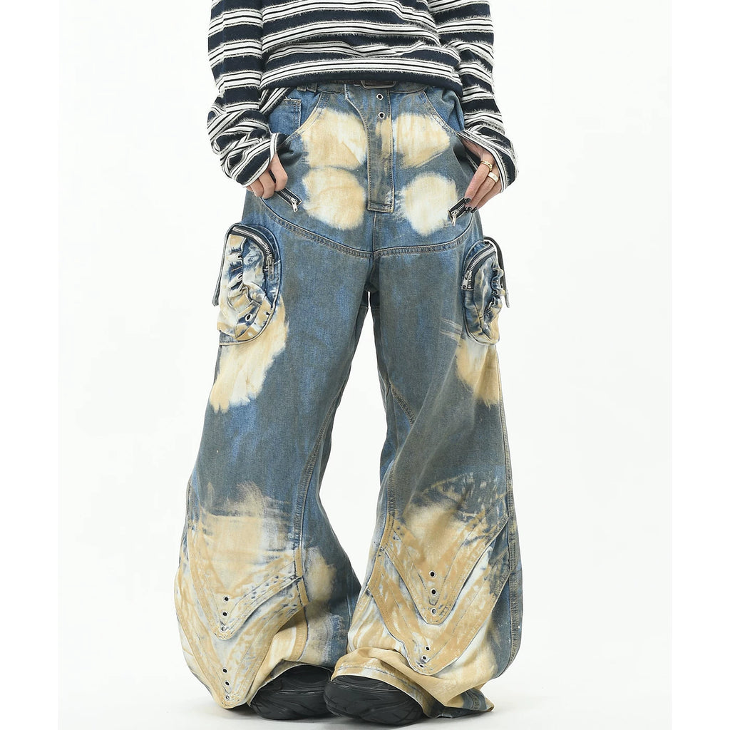 OV original street style heavyweight vintage dirty dye curved knife jeans for men and women loose wide leg deconstruction floor length pants