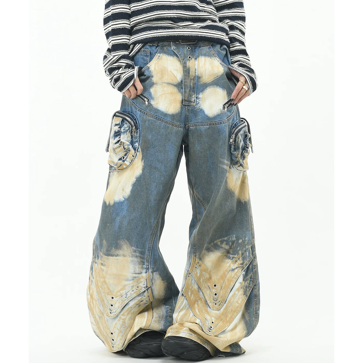 OV original street style heavyweight vintage dirty dye curved knife jeans for men and women loose wide leg deconstruction floor length pants