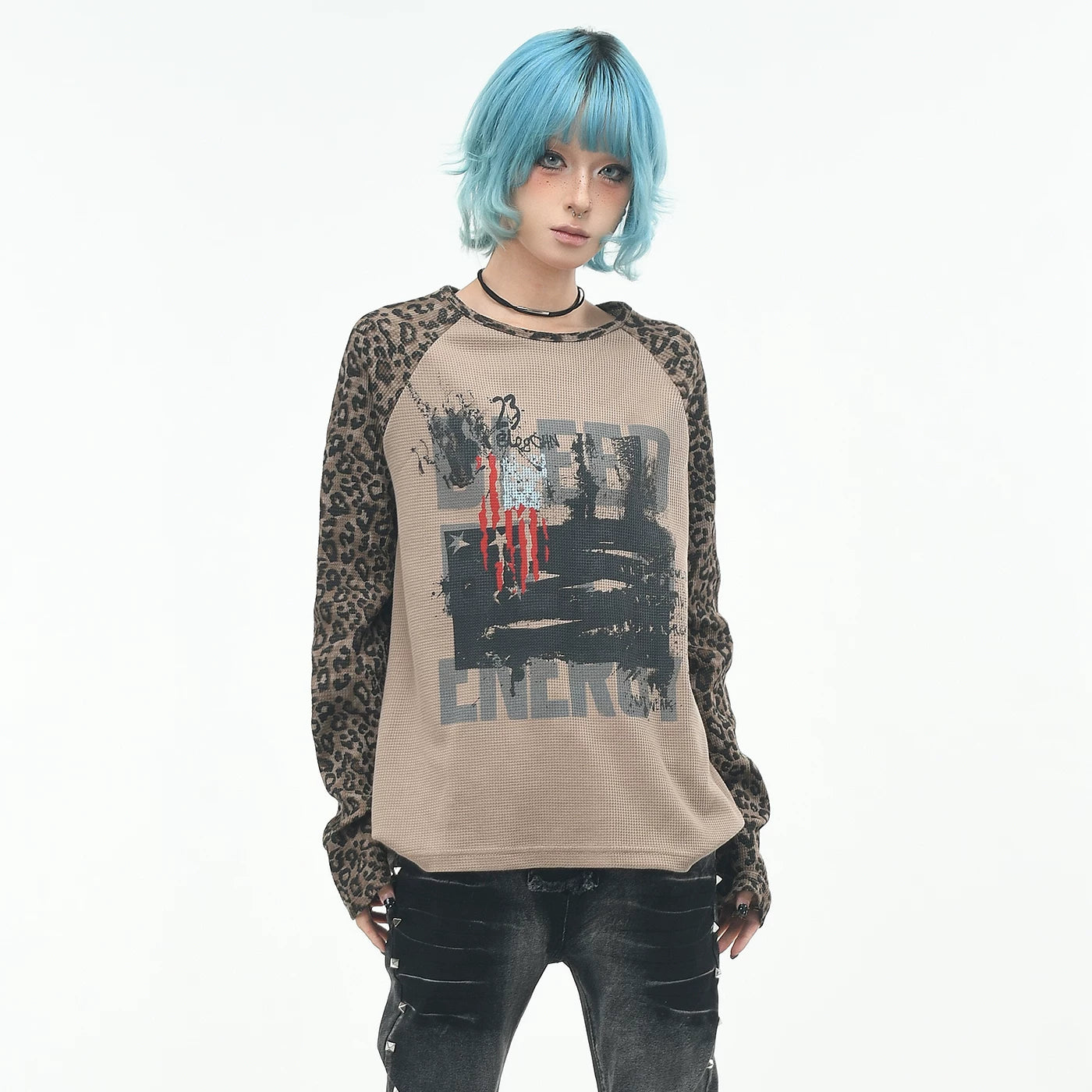 OV original/American leopard print contrasting short long sleeved T-shirt for men and women in autumn subculture loose waffle top trend