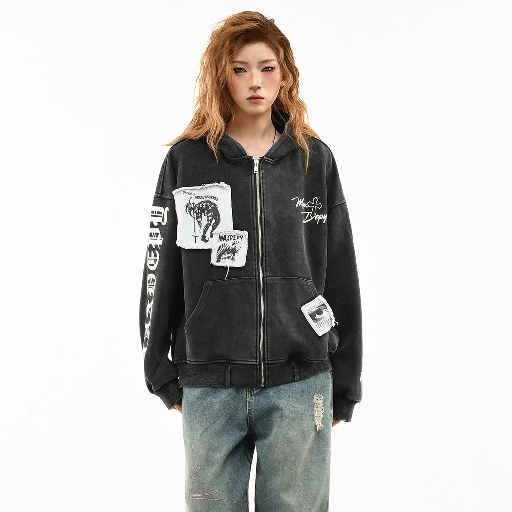 OV original American style patchwork embroidery distressed washed hooded sweatshirt women's spring street loose cardigan jacket men's trend