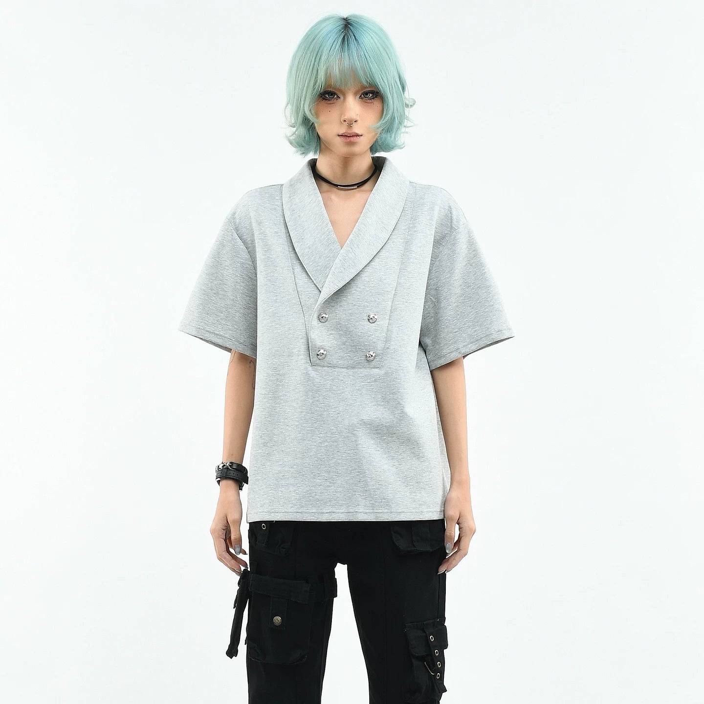 OV Original/Double breasted suit collar, shoulder pads, lapel collar, short sleeved women's summer loose and luxurious feeling, old money style T-shirt, men's trend
