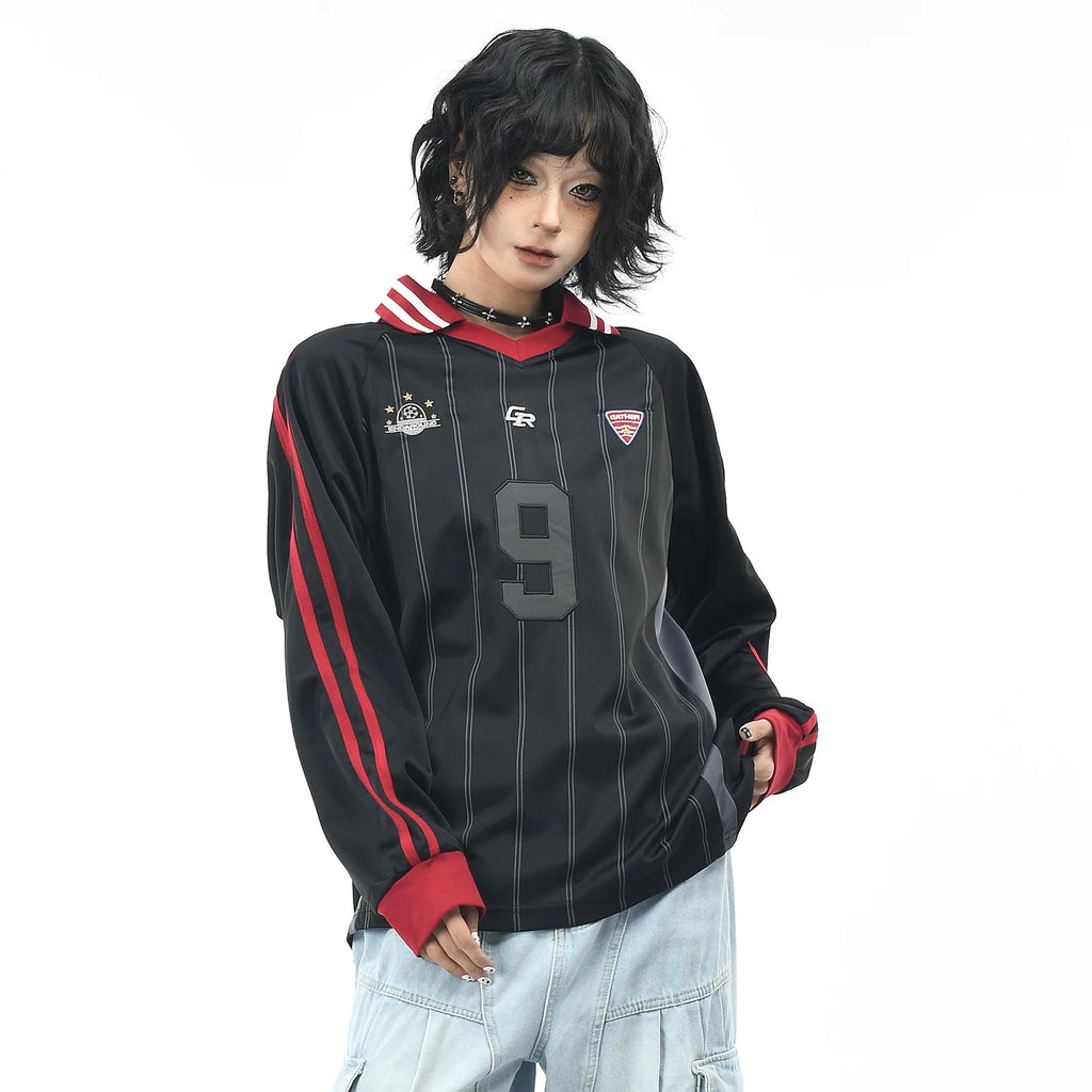 OV original American retro patchwork striped long sleeved T-shirt for men and women in autumn, loose contrasting color, digital embroidery V-neck jersey
