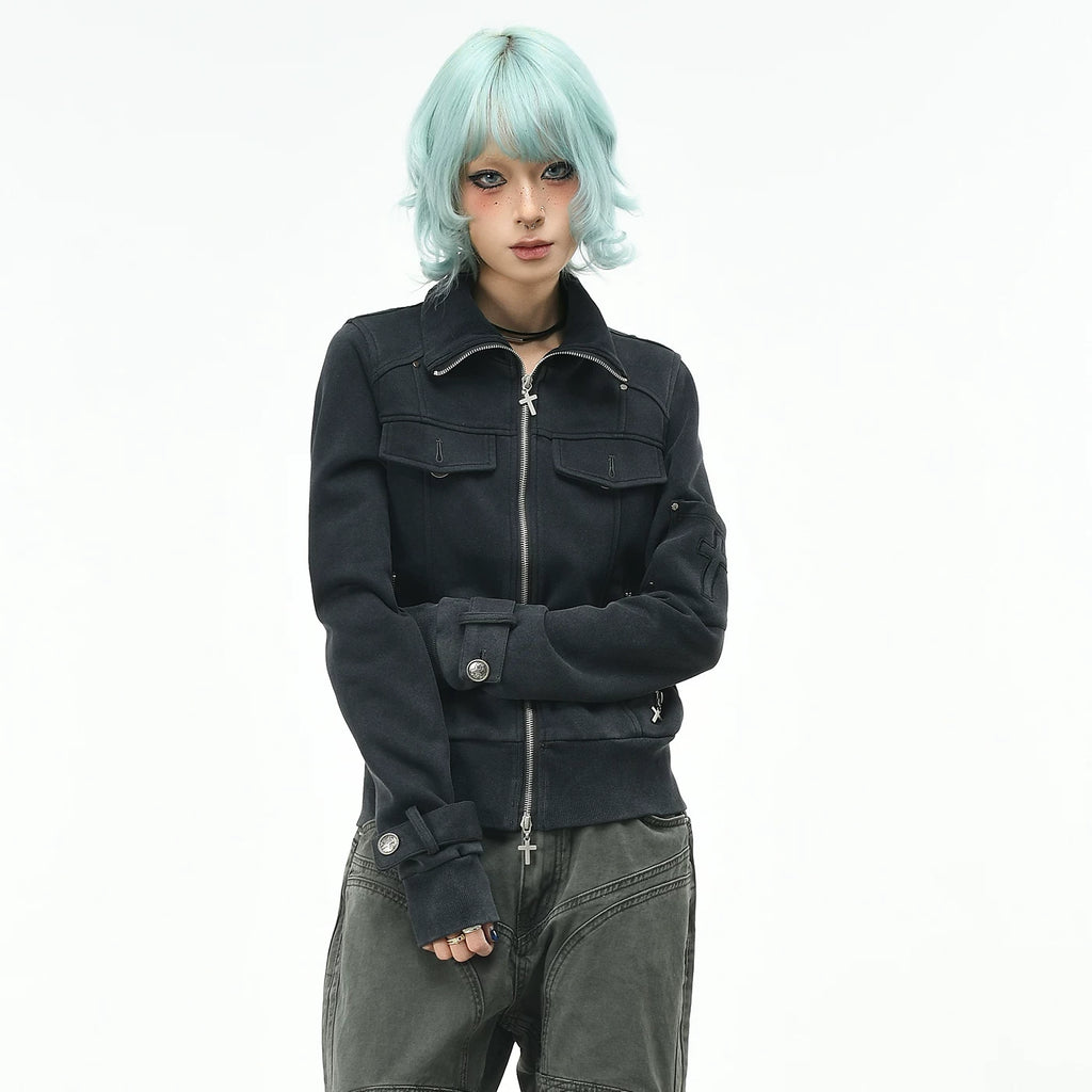 OV original American fashion brand vintage short standing collar jacket for women's autumn slim fit metal buckle zipper cardigan jacket trend