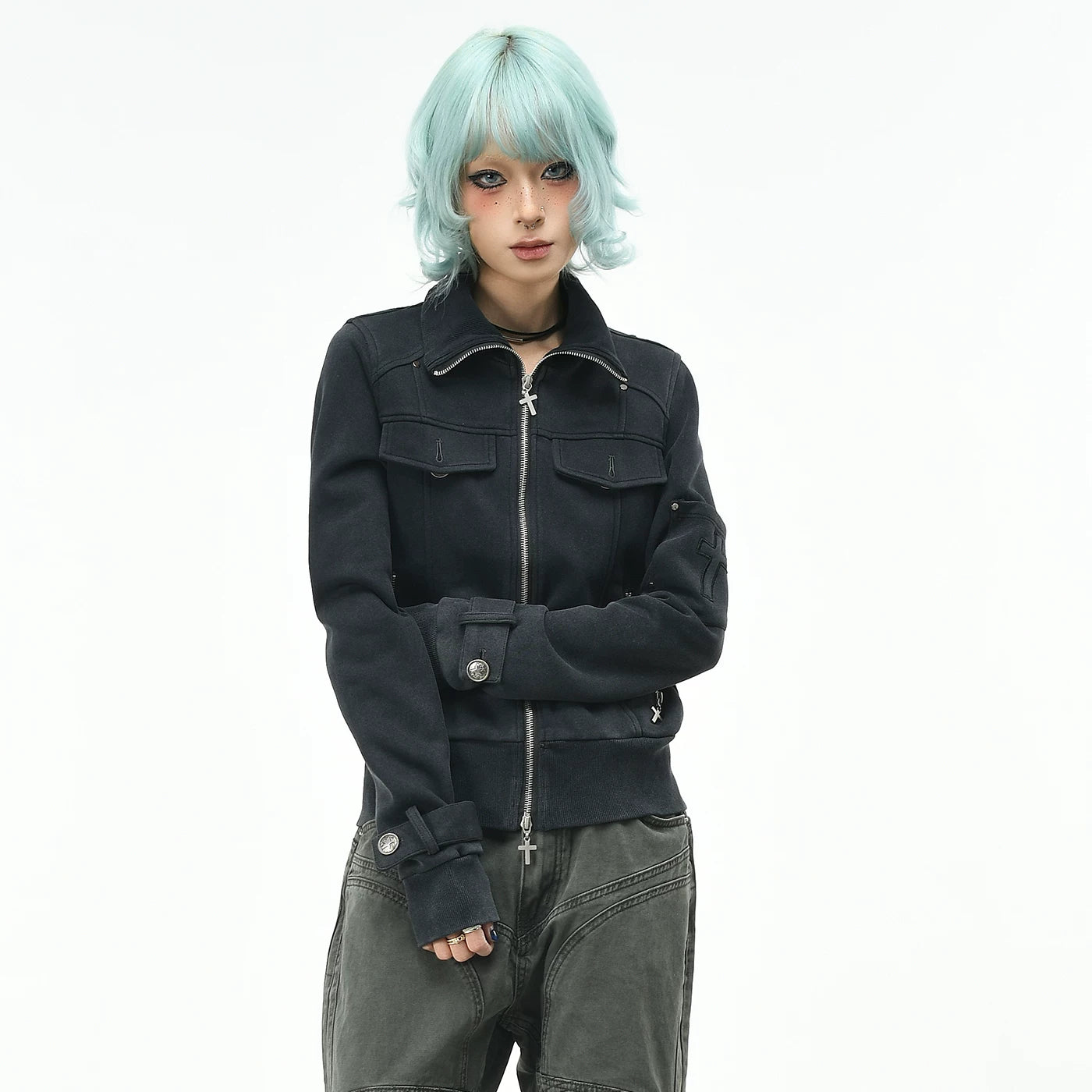 OV original American fashion brand vintage short standing collar jacket for women's autumn slim fit metal buckle zipper cardigan jacket trend