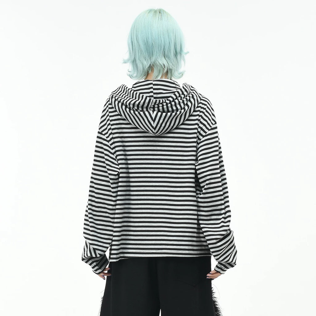 OV original light Asian style striped cross hooded sweatshirt for men and women autumn loose short Gothic cardigan jacket trendy