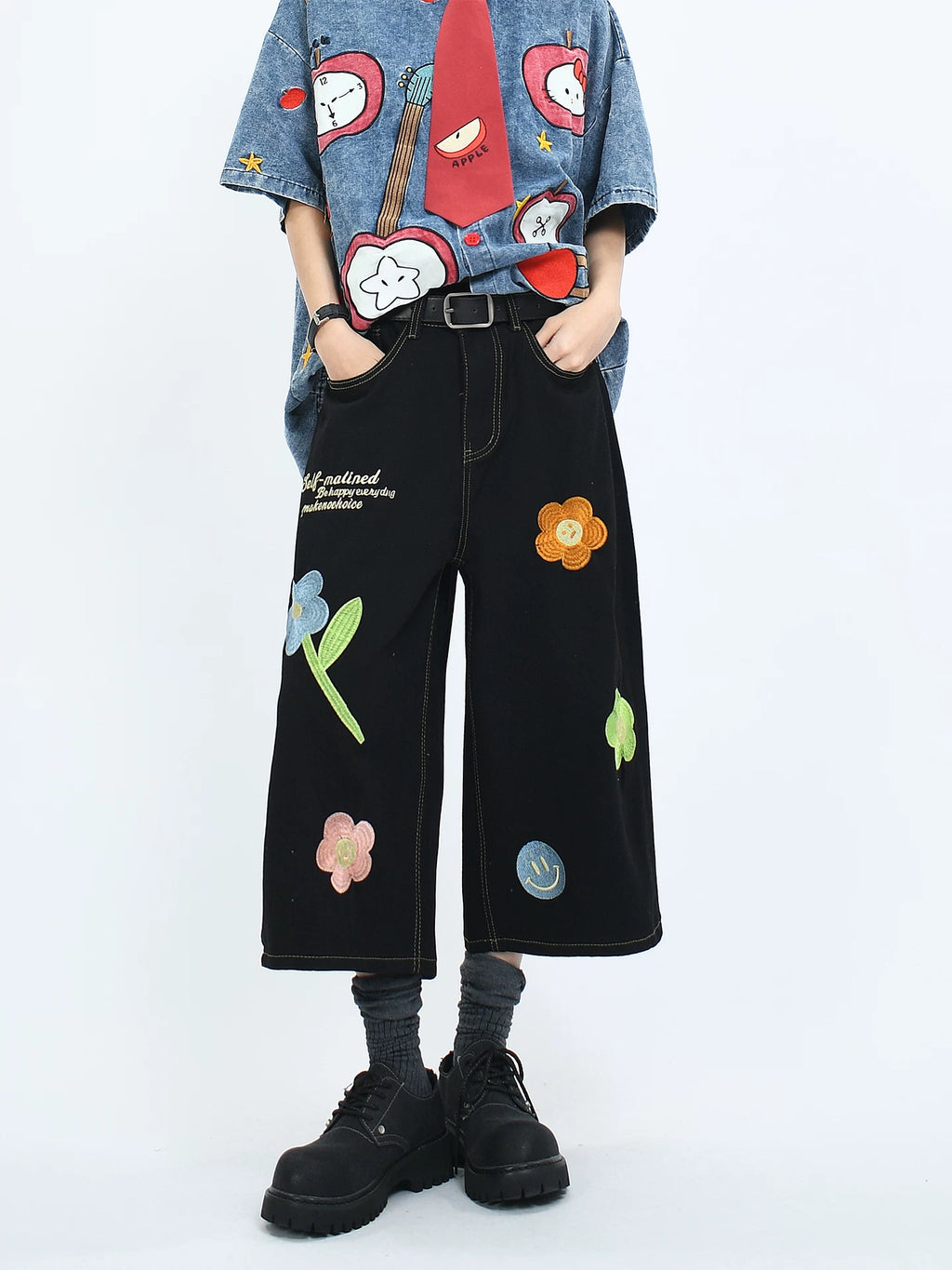 OV original American cropped pants with floral embroidery, washed denim, men's and women's summer retro loose shorts trend