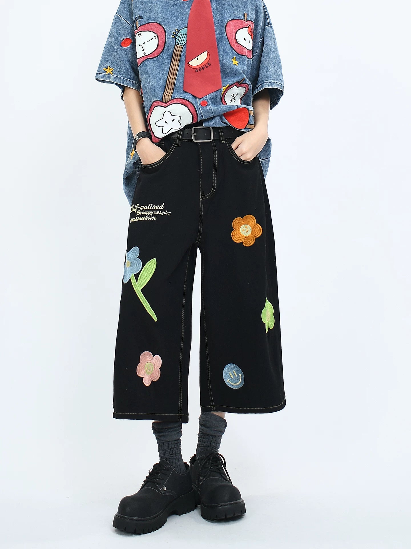 OV original American cropped pants with floral embroidery, washed denim, men's and women's summer retro loose shorts trend