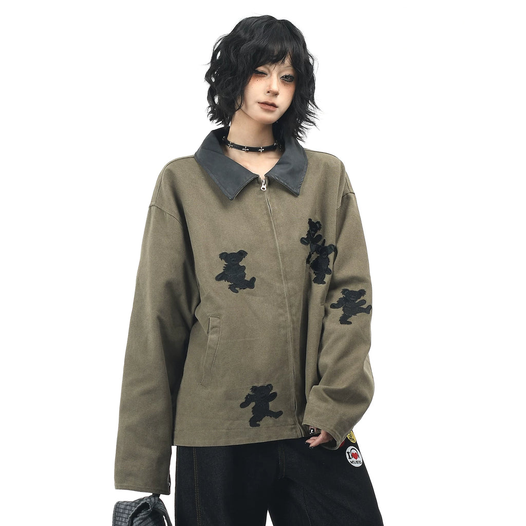 OV original American dance teddy bear embroidered washed workwear jacket for men and women, autumn loose casual lapel jacket trendy