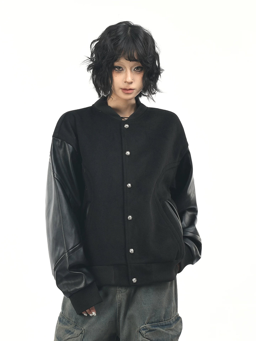 OV原创美式休闲解构PU皮拼接棒球服外套男女秋季街头宽松立领夹克