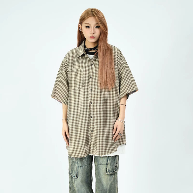 OV Original Summer High Street Retro Checkered Double sided Wear Design Hairy Short sleeved Shirt Men's and Women's Trendy Brand Loose Top