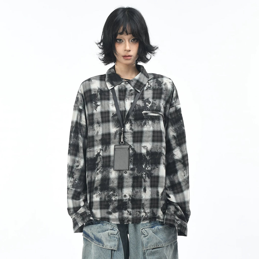 OV original American retro plaid tie dye vintage long sleeved shirt for men and women in autumn, loose and casual, fringed shirt trend