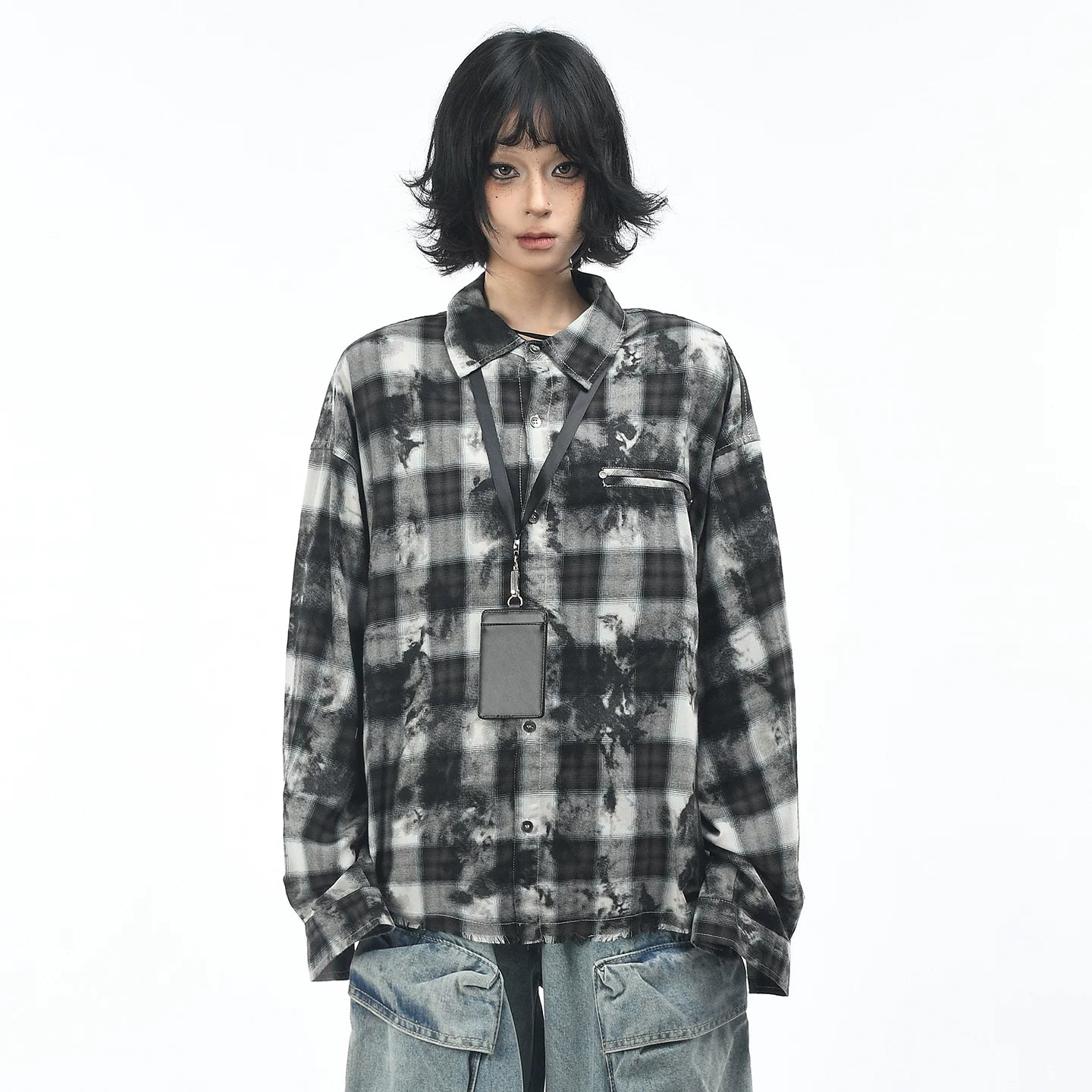 OV original American retro plaid tie dye vintage long sleeved shirt for men and women in autumn, loose and casual, fringed shirt trend