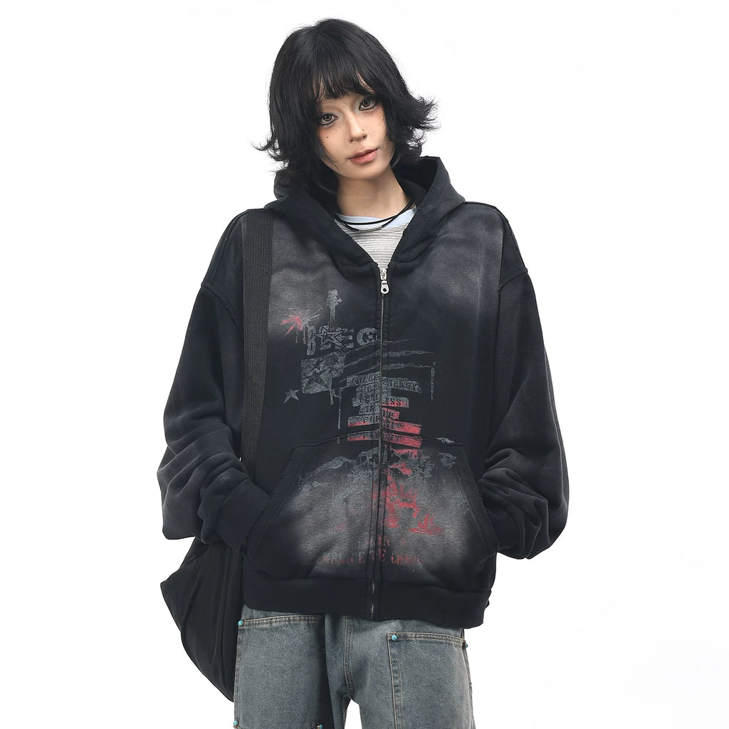 OV original American retro vintage washed zipper hooded sweatshirt women's autumn loose cardigan jacket men's boyfriend trendy brand
