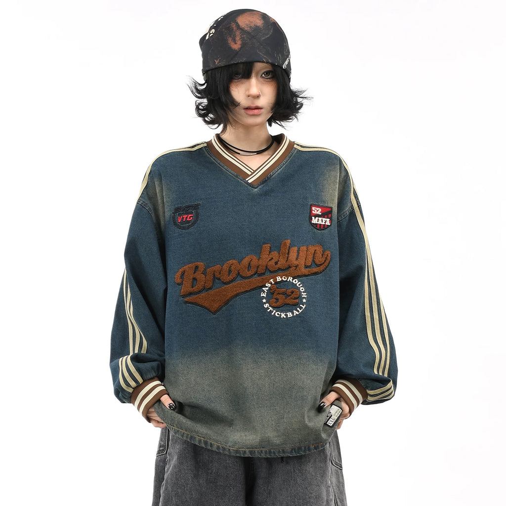 OV original/American college style V-neck washed denim hoodie for men and women, autumn loose towel embroidered retro top trend