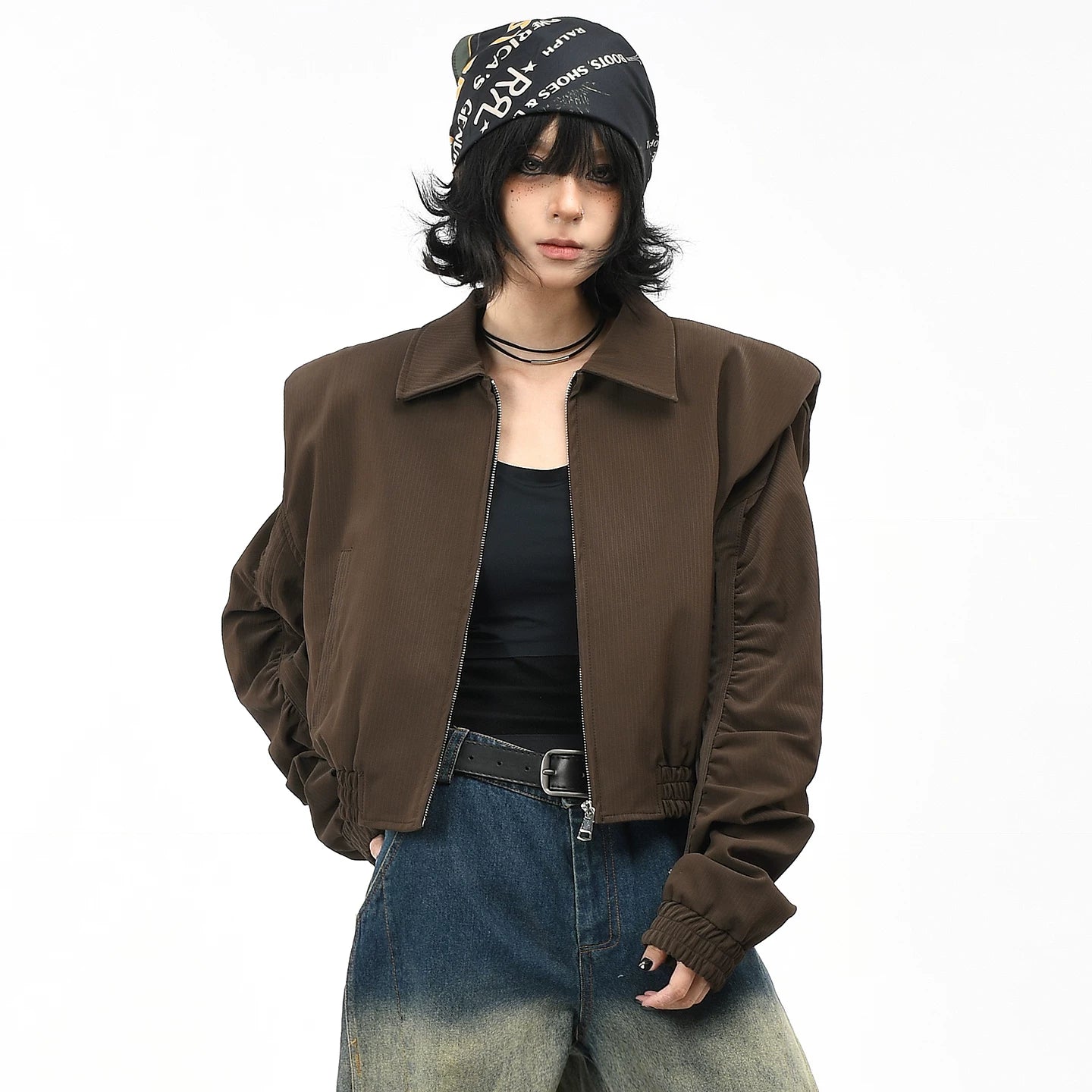 OV Original American Retro Shoulder Cushion Coffee Color Short Coat for Women, Autumn Luxury, Casual Collar Jacket, Trendy Top