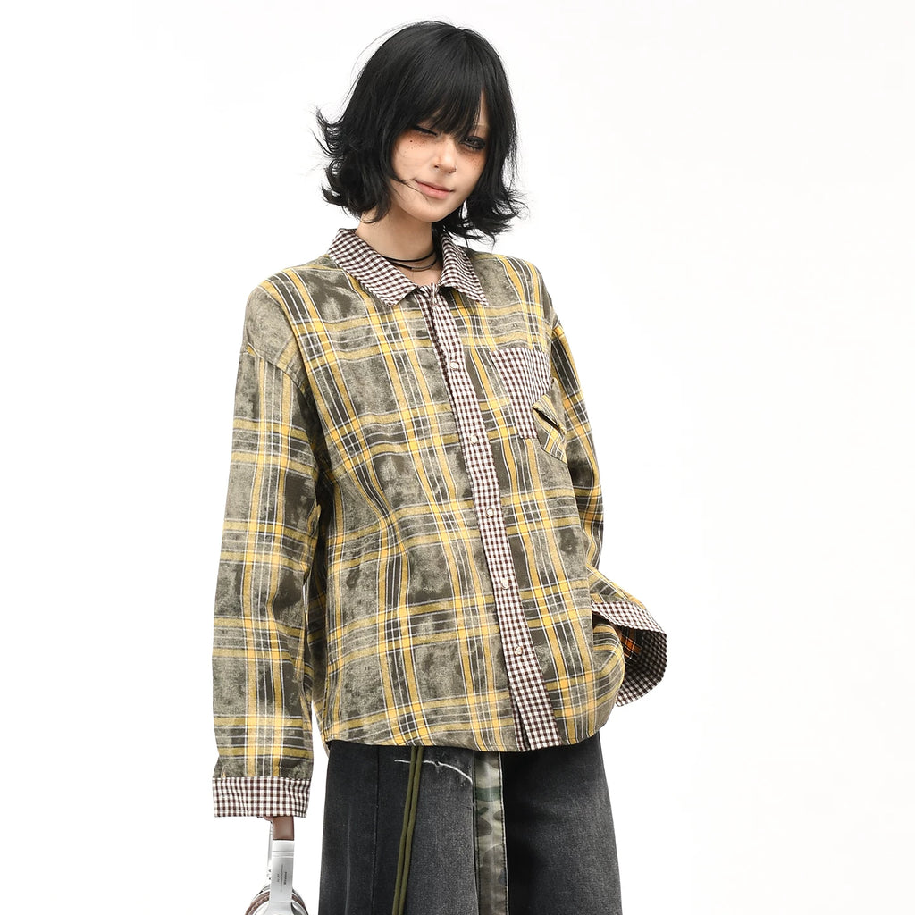 OV原创美式复古格纹拼接情侣长袖衬衫男女秋季街头宽松休闲衬衣潮