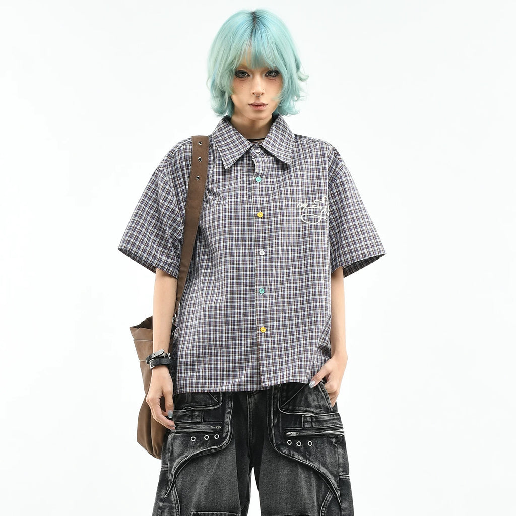 OV original summer new style American retro checkered short sleeved shirt for women, loose college style color button top for men