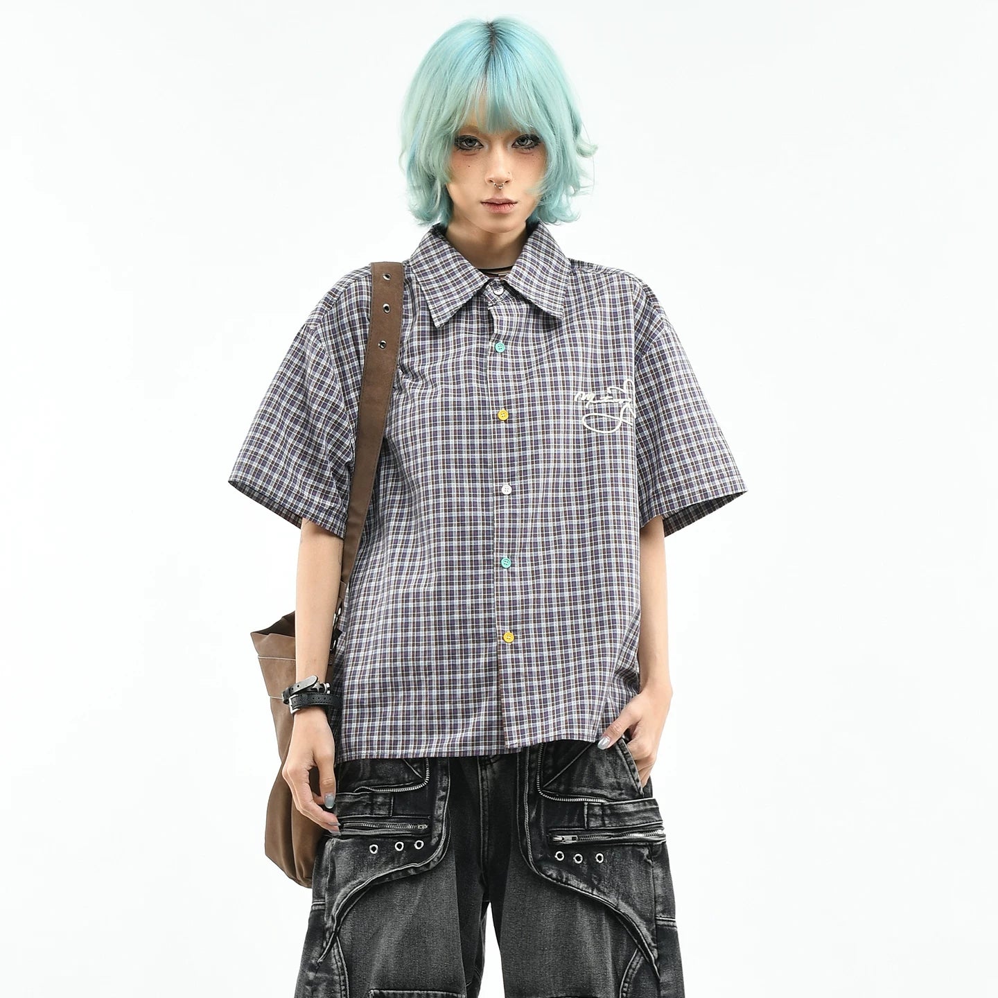 OV original summer new style American retro checkered short sleeved shirt for women, loose college style color button top for men