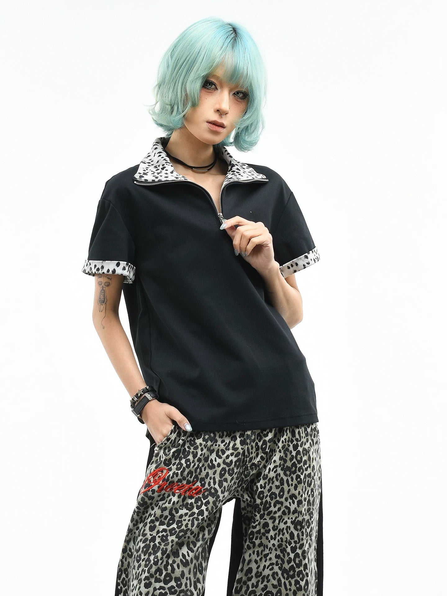 OV original/American leopard print spliced half zipper short sleeved polo shirt for women's summer slim fit short design, front shoulder slimming T-shirt