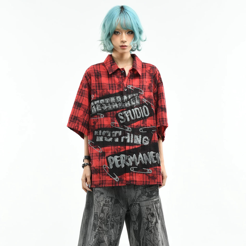 OV Original American Retro Checkered Pin Printed Short Sleeve Shirt for Women's Summer Loose Trendy Brand Casual Couple Top