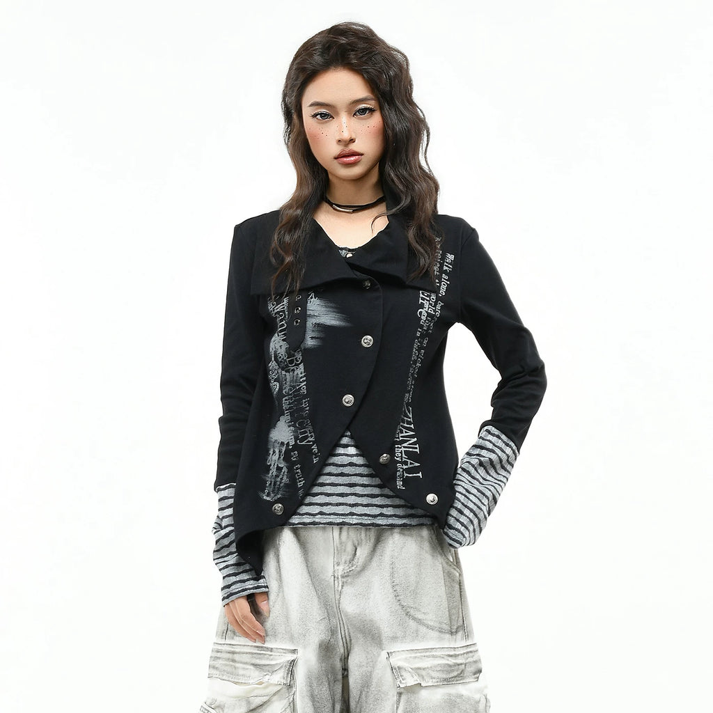 OV Original/Subcultural Stripe Fake Two Piece Splicing Long Sleeve T-shirt for Women's Autumn Slimming Short Style Stacked Trendy Brand Top