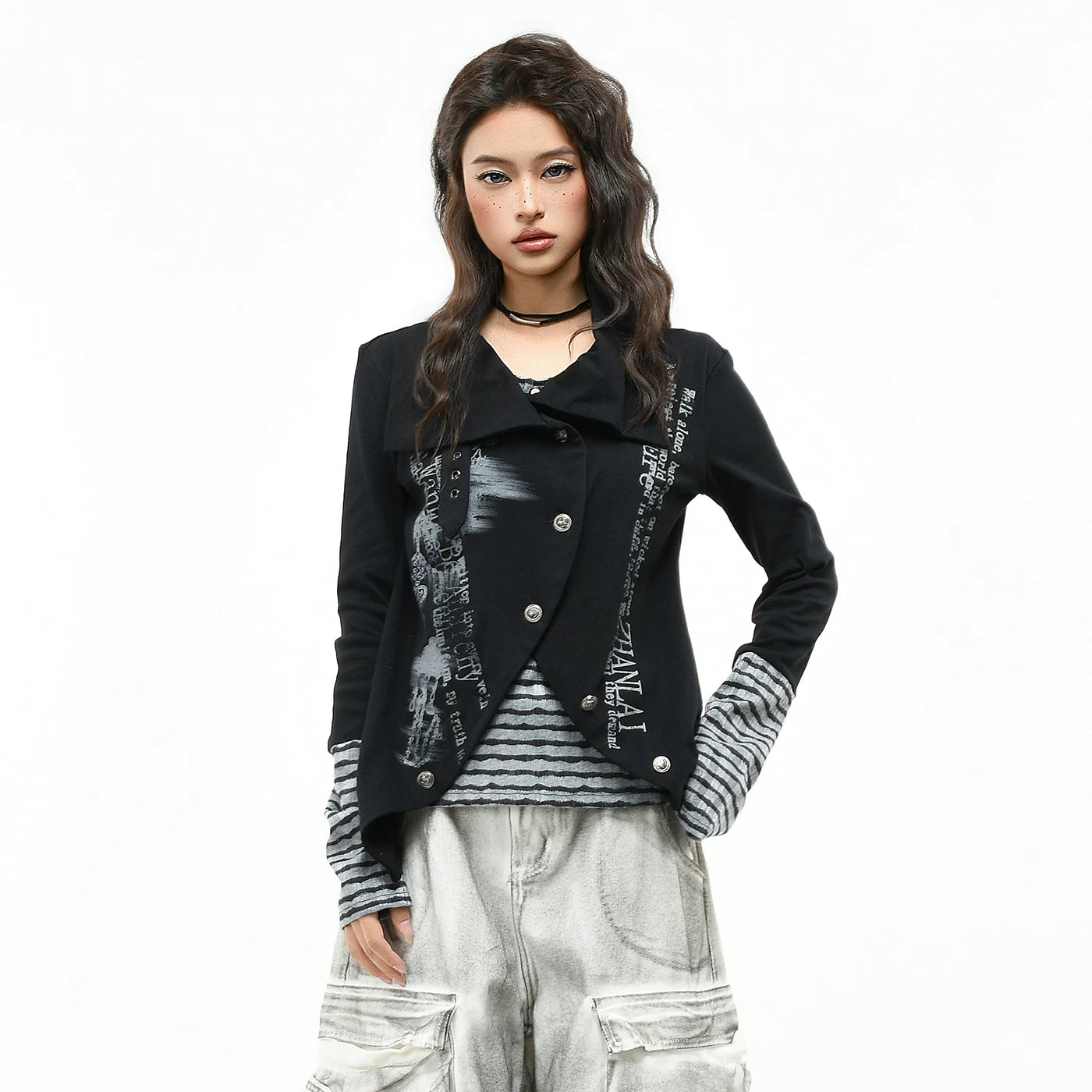 OV Original/Subcultural Stripe Fake Two Piece Splicing Long Sleeve T-shirt for Women's Autumn Slimming Short Style Stacked Trendy Brand Top