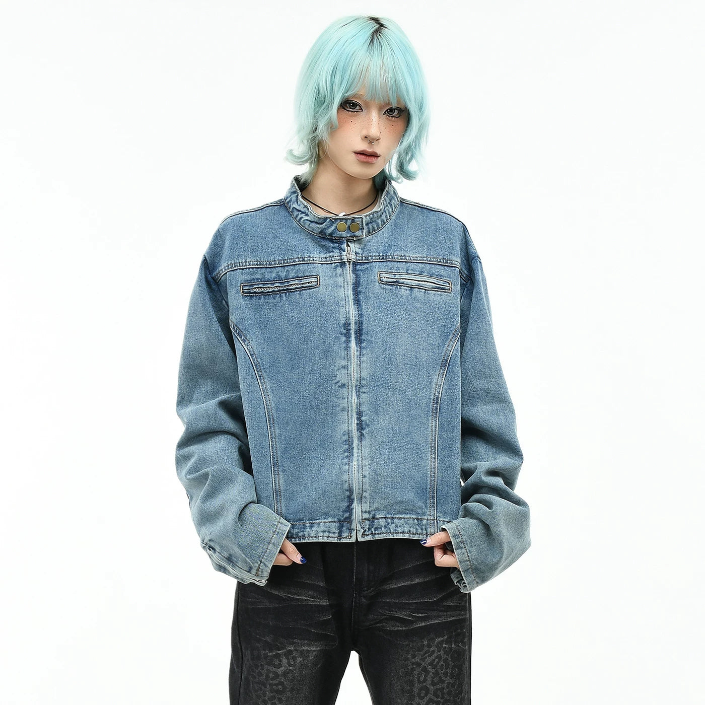 OV original American high street vintage washed denim jacket for women's autumn deconstruction cutting short style slimming stand up collar jacket