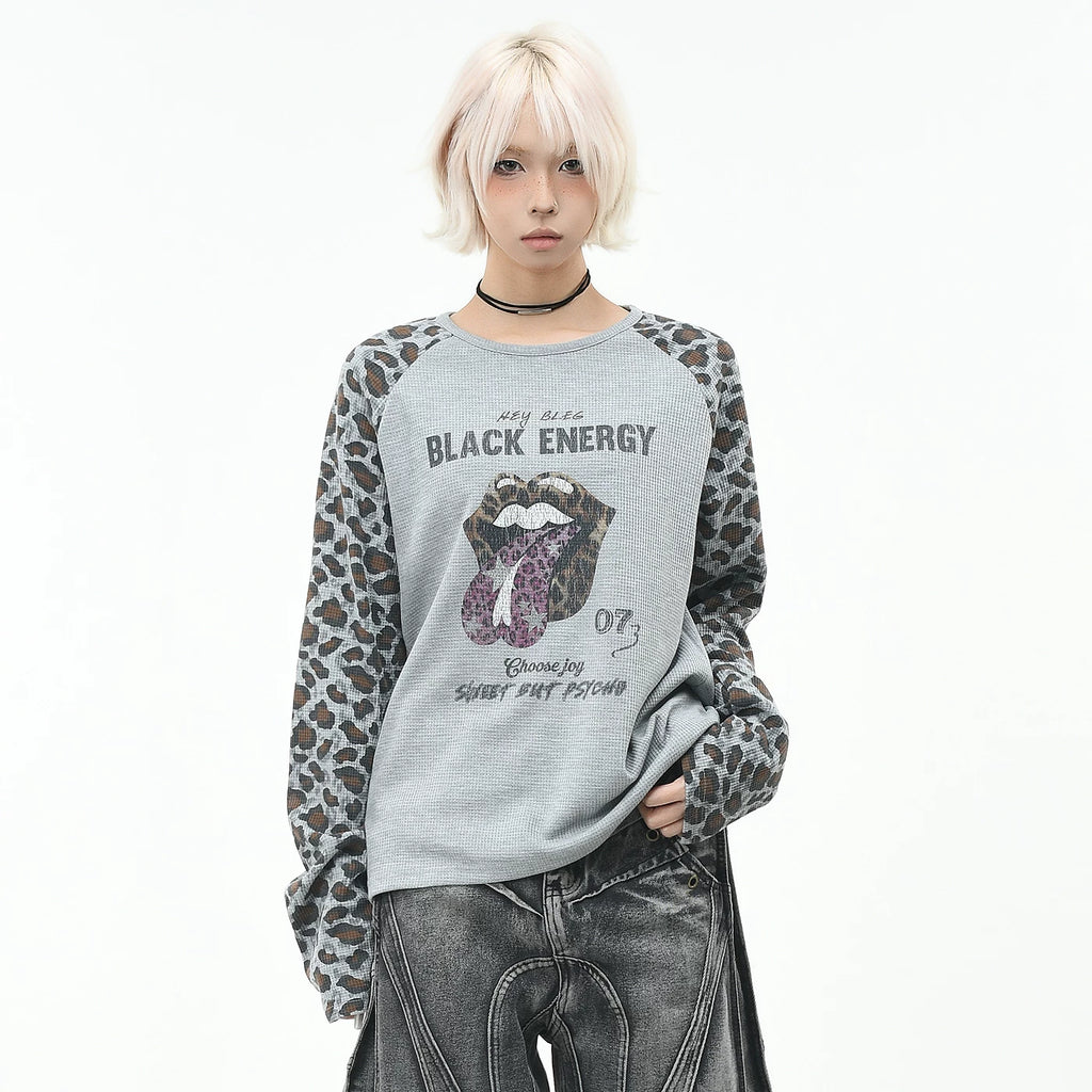 OV original/American style spicy girl leopard print splicing short long sleeved T-shirt for men and women in autumn loose rolling stone print top trend