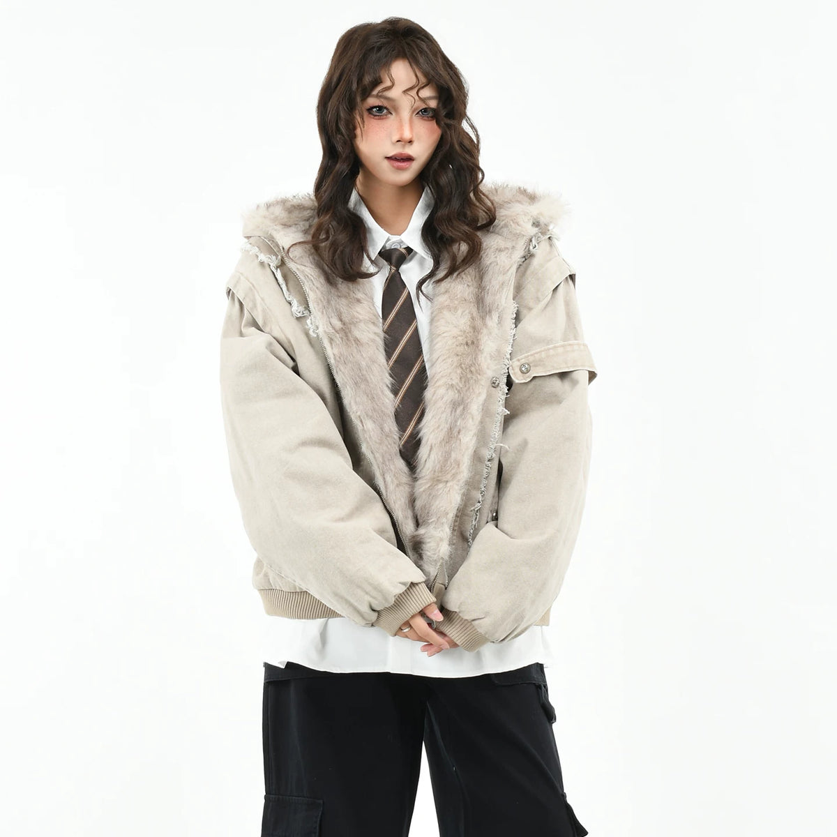 OV Original American Deconstructed Edge Splicing Used Cotton Jacket for Women Winter Seat Mountain Carving Loose Hooded Cotton Jacket for Men