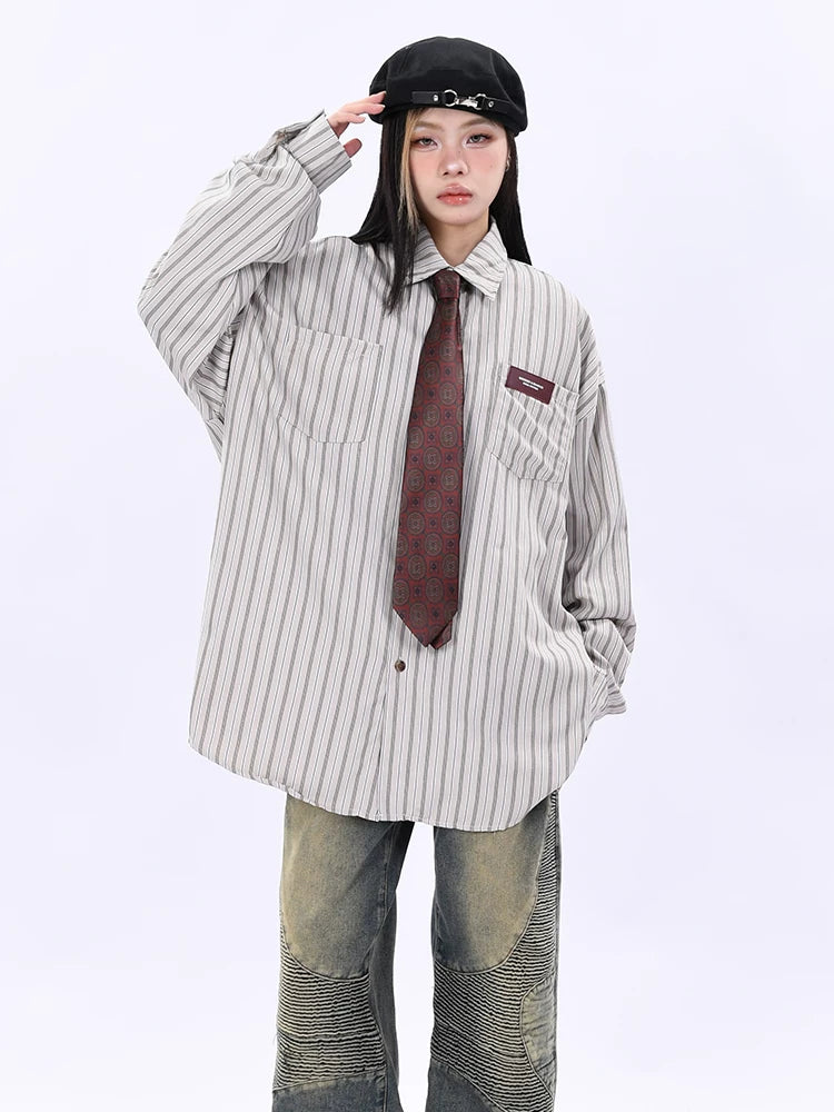 OV Original Spring and Autumn High Street Retro Vertical Stripe Long Sleeve Shirt for Men and Women BF Loose Couple Hong Kong Style Flip Collar Shirt Trendy
