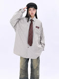 OV Original Spring and Autumn High Street Retro Vertical Stripe Long Sleeve Shirt for Men and Women BF Loose Couple Hong Kong Style Flip Collar Shirt Trendy