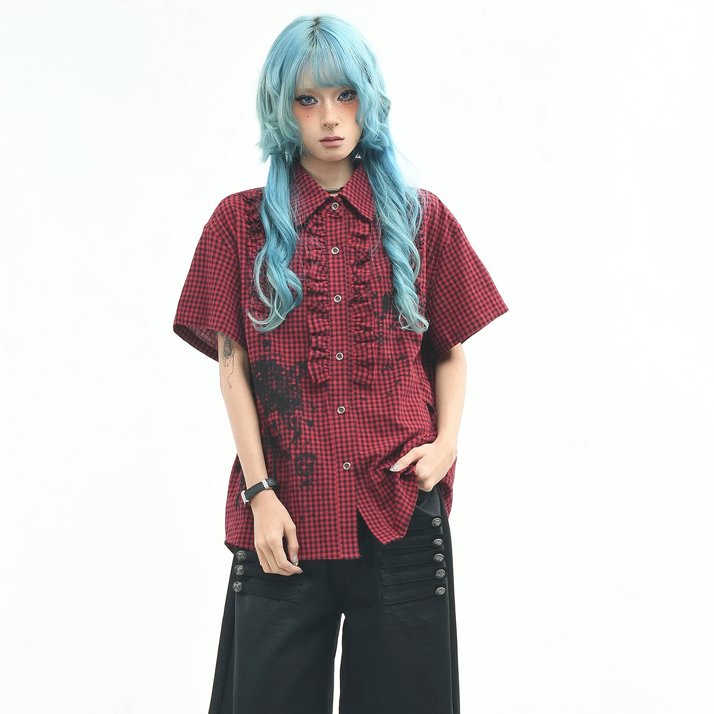 OV original American retro plaid pleated short sleeved shirt for men and women in summer, loose fit, waist cinching, slimming couple shirt trend