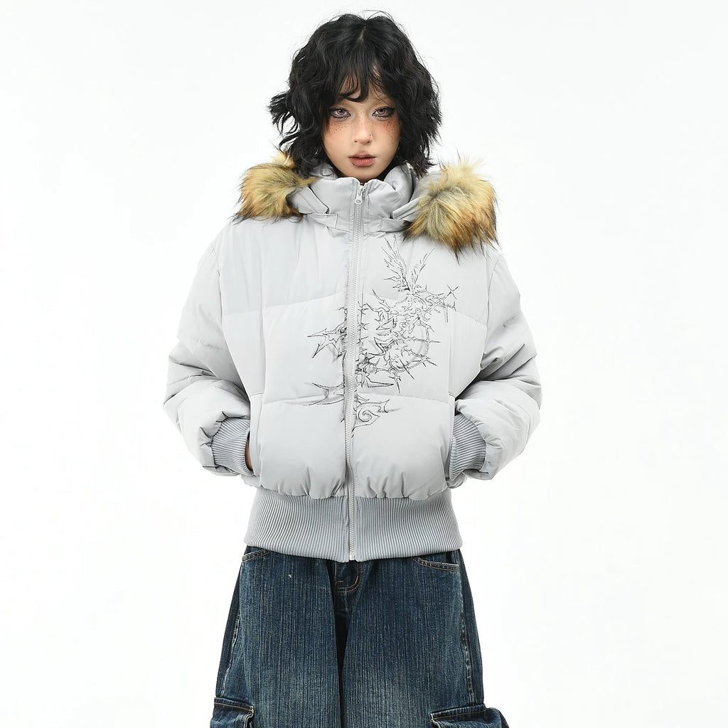 OV original American style fur collar, detachable waist, hood, cotton jacket, women's winter short style, slim and warm, cotton jacket, trendy